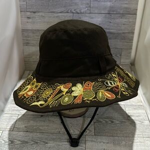 Brown embroidered floral owl garden bucket boho hat